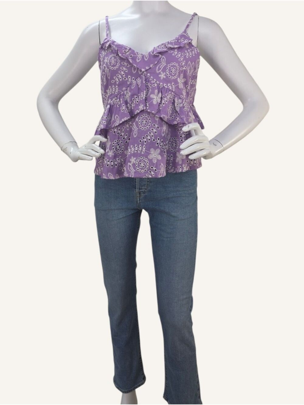 Mittoshop Orchid Embroidered Eyelet Ruffle Tank Top Large Cottagecore Boho NWT